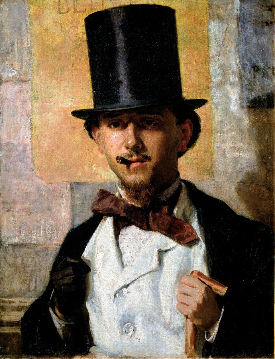 Portret włoskiego malarza Bernardo Celentano (1835-1863) Elegancki mężczyzna w cylindrze i garniturze, muszce, lasce i rękawiczce. Obraz Domenico Morelli (1826-1901) 1859 Nd. 67x52 cm Rzym, Galleria Nazionale d