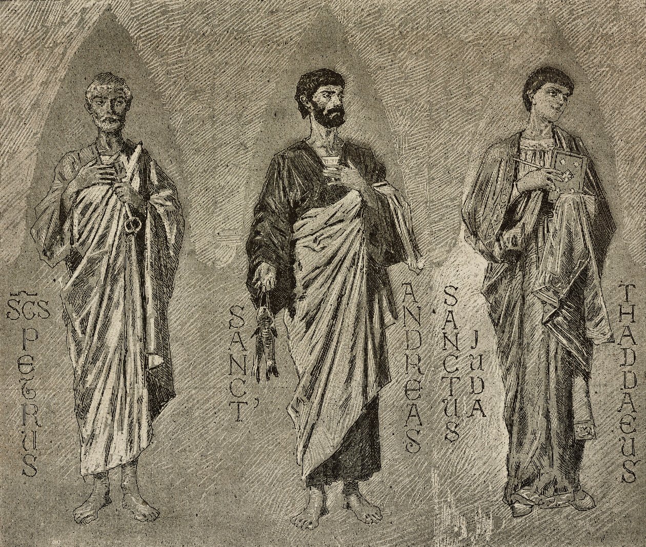 Święci Piotr, Andrzej i Juda Apostoł, karykatury Domenico Morelli do mozaiki w katedrze w Amalfi, Włochy, Włochy, rysunek P. Scoppetta, rycina z L