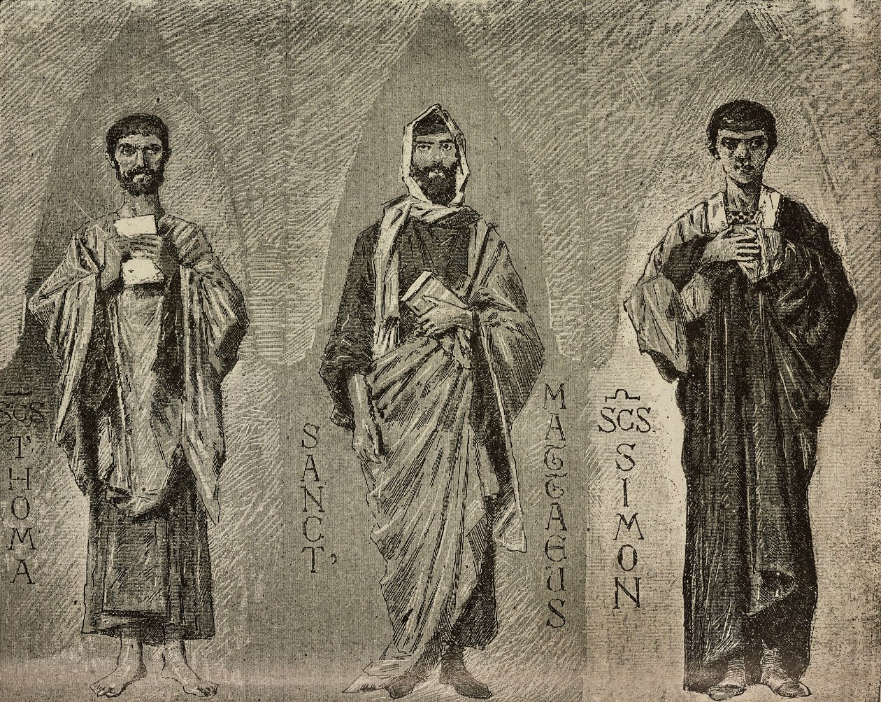 Święci Tomasz, Mateusz i Szymon, karykatury Domenico Morelli do mozaiki w katedrze w Amalfi, Włochy, rysunek P. Scoppetta, rycina z L