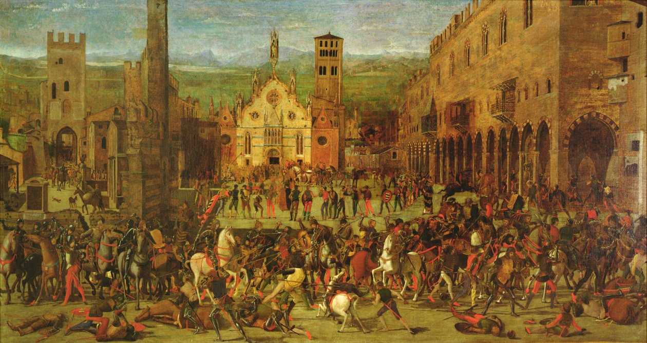 Wypędzenie Bonacolsich przez Louisa Gonzagę w 1328 r. na Piazza Sordello w Mantui autorstwa Domenico Morone