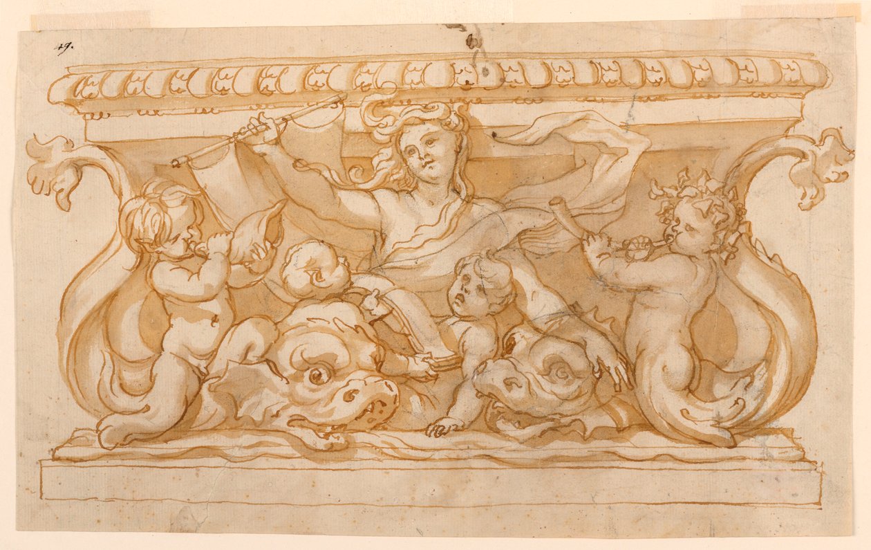 Rysunek, basen fontanny, 1650-75 autorstwa Domenico Piola