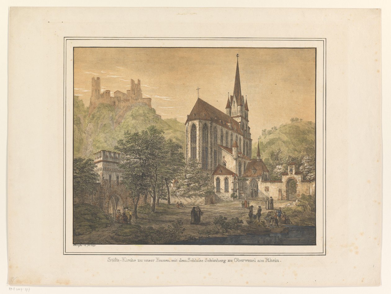 Gezicht op de Kerk en het kasteel te Oberwesel Kolegiata NMP z zamkiem Schönberg w Oberwesel am Rhein (tytuł obiektu) autorstwa Domenico Quaglio (II)