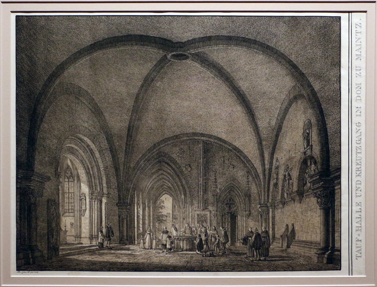 Domenico quaglio II, chrzcielnica i krużganek katedry w Moguncji, z kolekcji pamiętnych średniowiecznych budowli w Niemczech, 1823, litografia autorstwa Domenico Quaglio the Younger