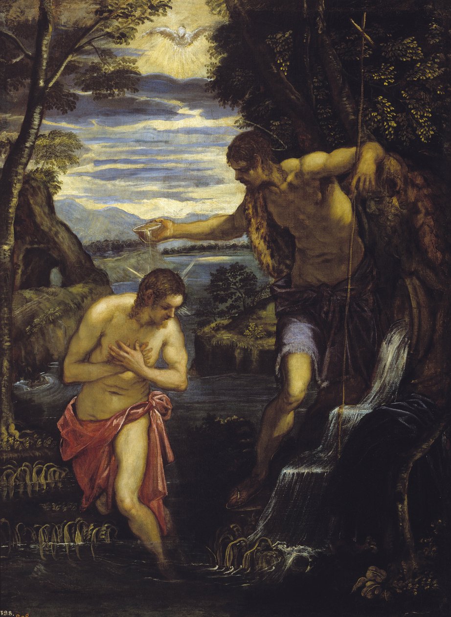 Bapteme du Christ - Chrzest Chrystusa - Tintoretto, Domenico (1560-1635) - ca 1585 - Olej na płótnie - 137x105 - Museo del Prado, Madryt autorstwa Domenico Robusti Tintoretto