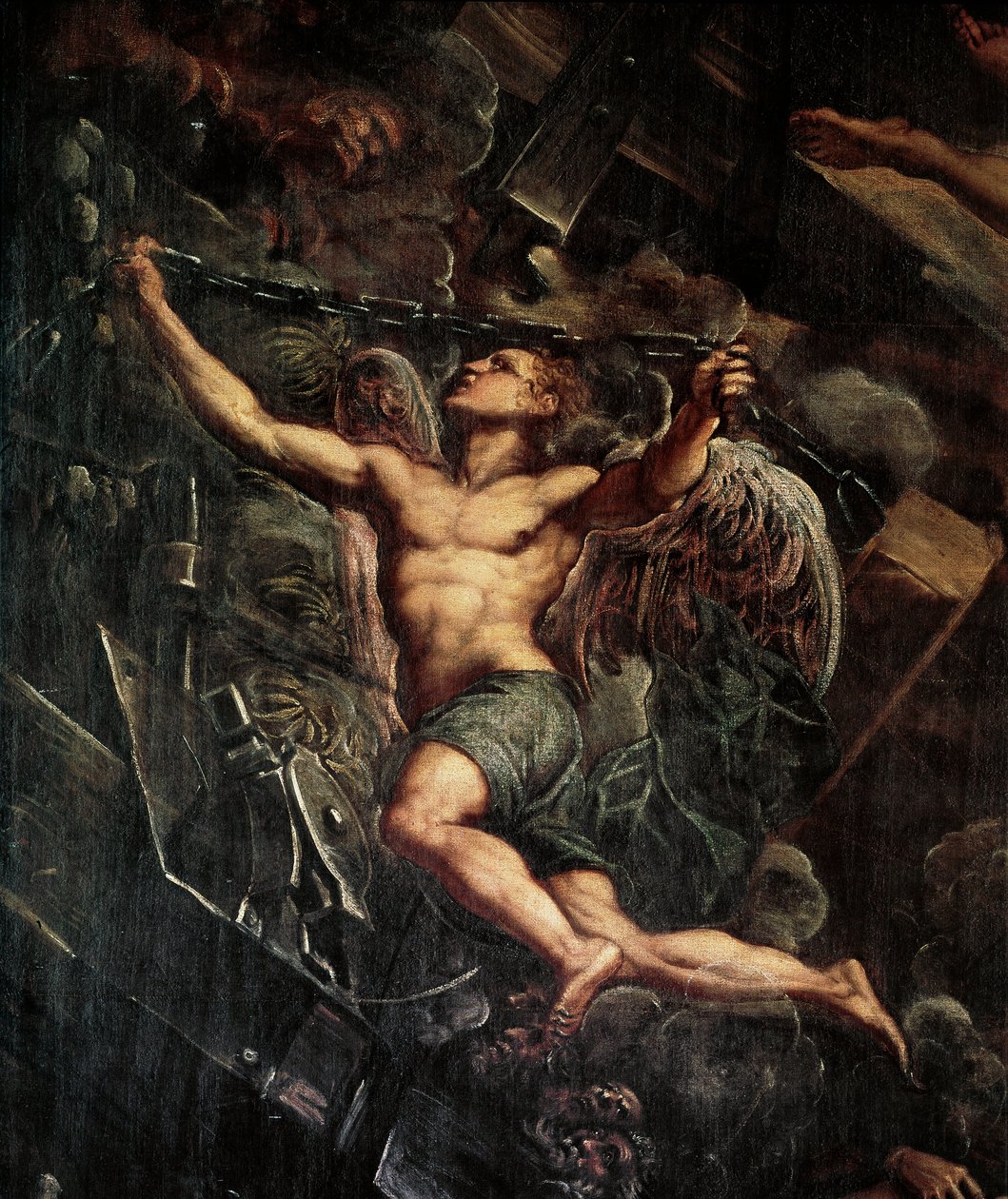 Zejście Jezusa Chrystusa (Jezusa Chrystusa) do otchłani Fragment anioła. Obraz Jacopo Robustiego detto il Tintoretto (The Tintoret autorstwa Domenico Robusti Tintoretto