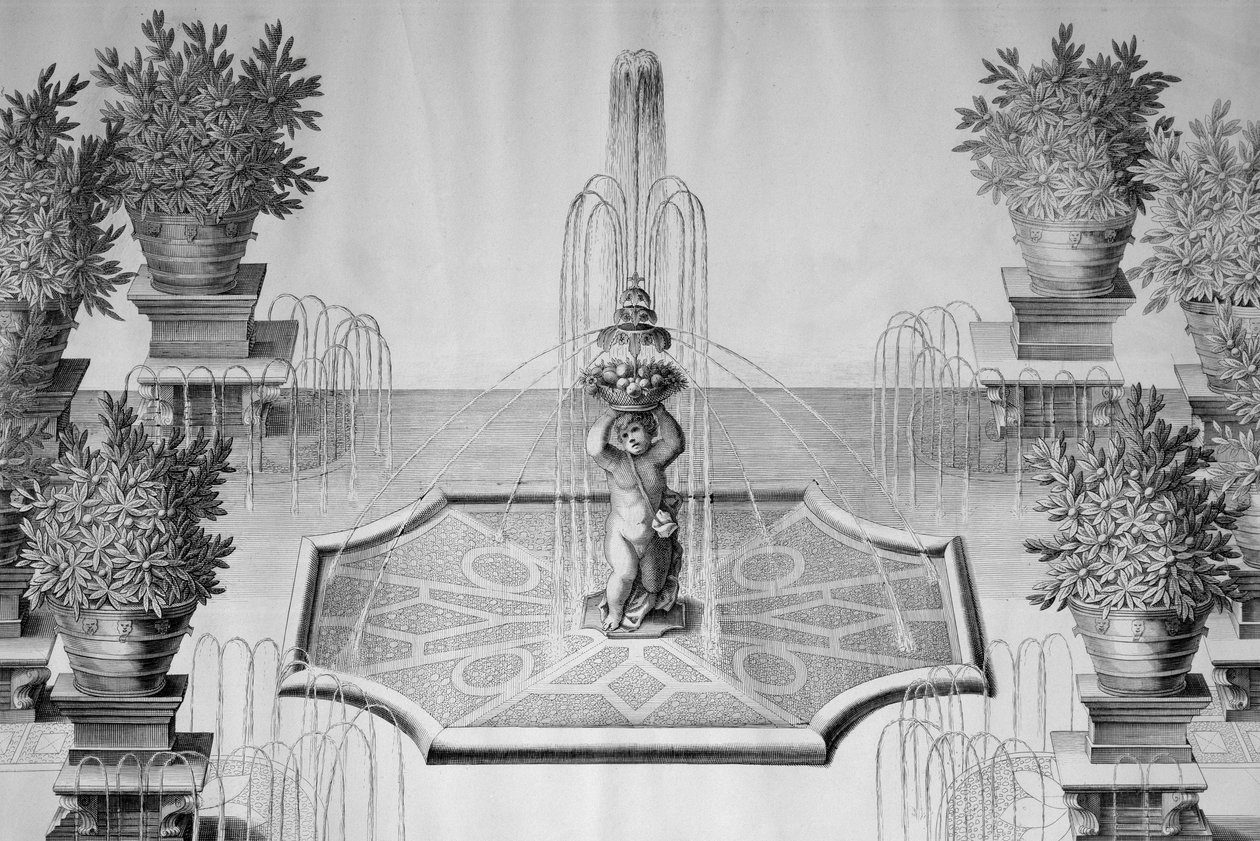 Fontanna kwiatów w ogrodzie Villa Barbarigo w Valsanzibio (Wenecja), rycina Domenico Rossetti (1651-1736) z Fabryki i ogrody Excellent Casa Barbariga Valsanzibio, wydrukowana w Weronie w 1702 r., Włochy autorstwa Domenico Rossetti