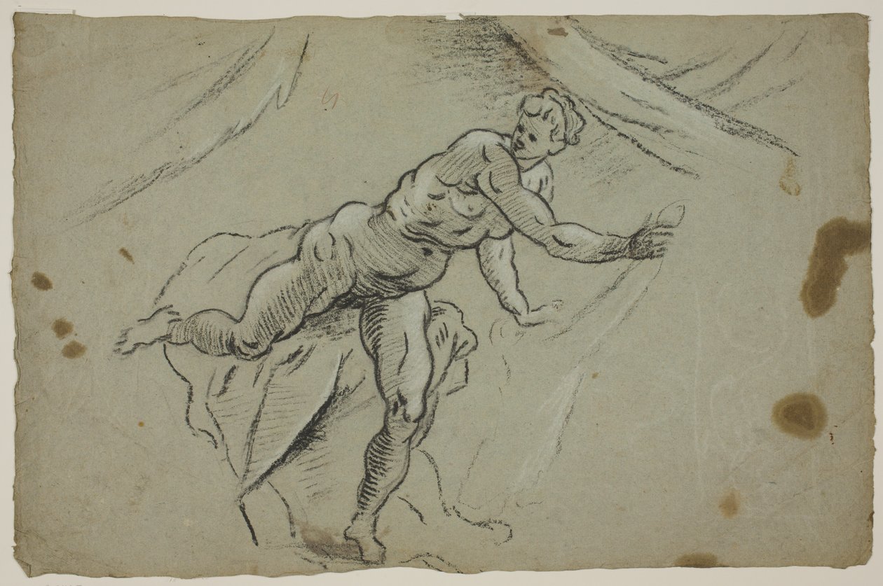 Naga kobieta z kawałkiem materiału w dłoniach pospiesznie opuszczająca namiot autorstwa Domenico Tintoretto