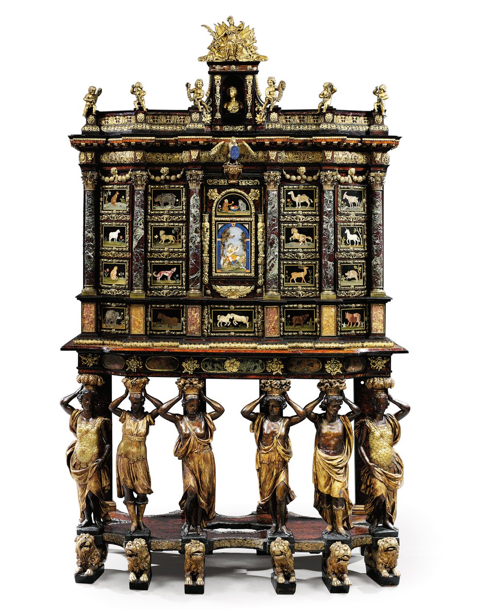 Szafka na stojaku Ludwika XIV (pozłacany brąz, pietra dura, szylkret, jesion, ebonized i paczkowo pozłacany) (patrz również 1766356-7) autorstwa Domenico and Gobelins workshop (attr. to) Cucci