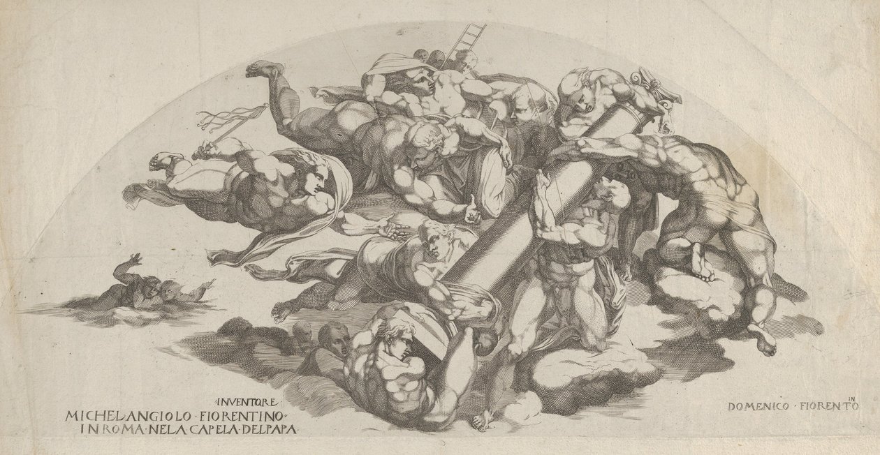 Grupa z Sądu Ostatecznego, Anioły niosące Kolumnę Biczowania i T..., XVI wiek. autorstwa Domenico del Barbiere