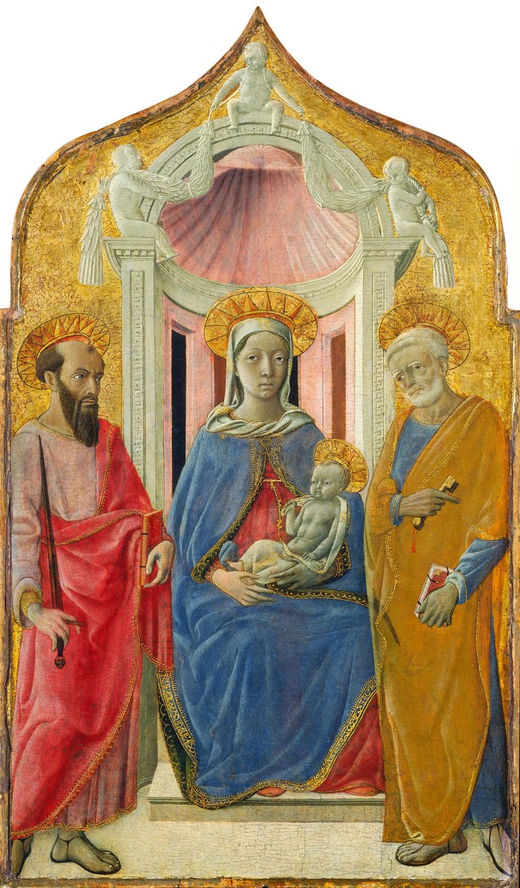 Madonna z Dzieciątkiem na tronie ze św. Piotrem i św. Pawłem autorstwa Domenico di Bartolo