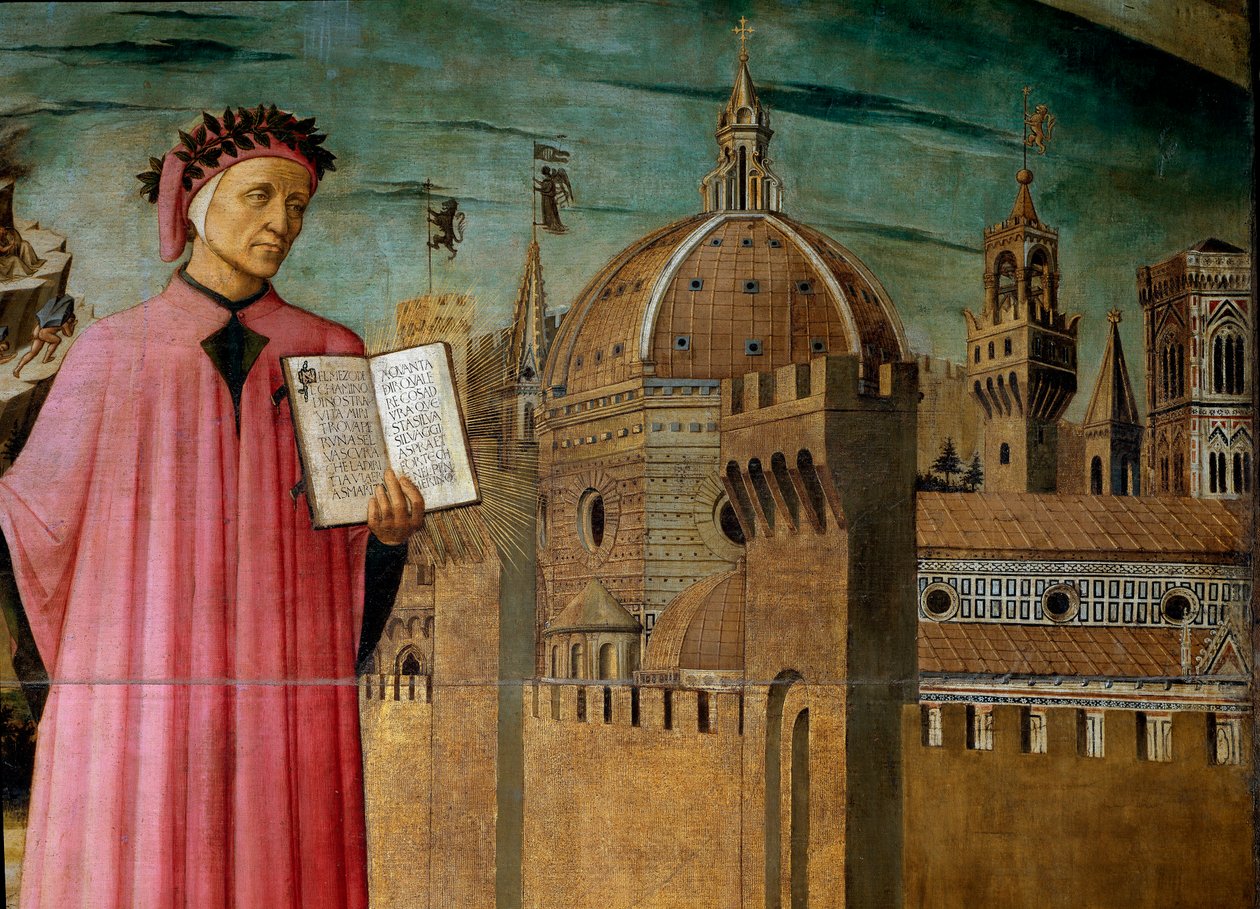 Dante Alighieri prezentuje swoje dzieło Boska Komedia. Detal poety i kopuła Santa Maria del Fiore we Florencji autorstwa Domenico di Michelino