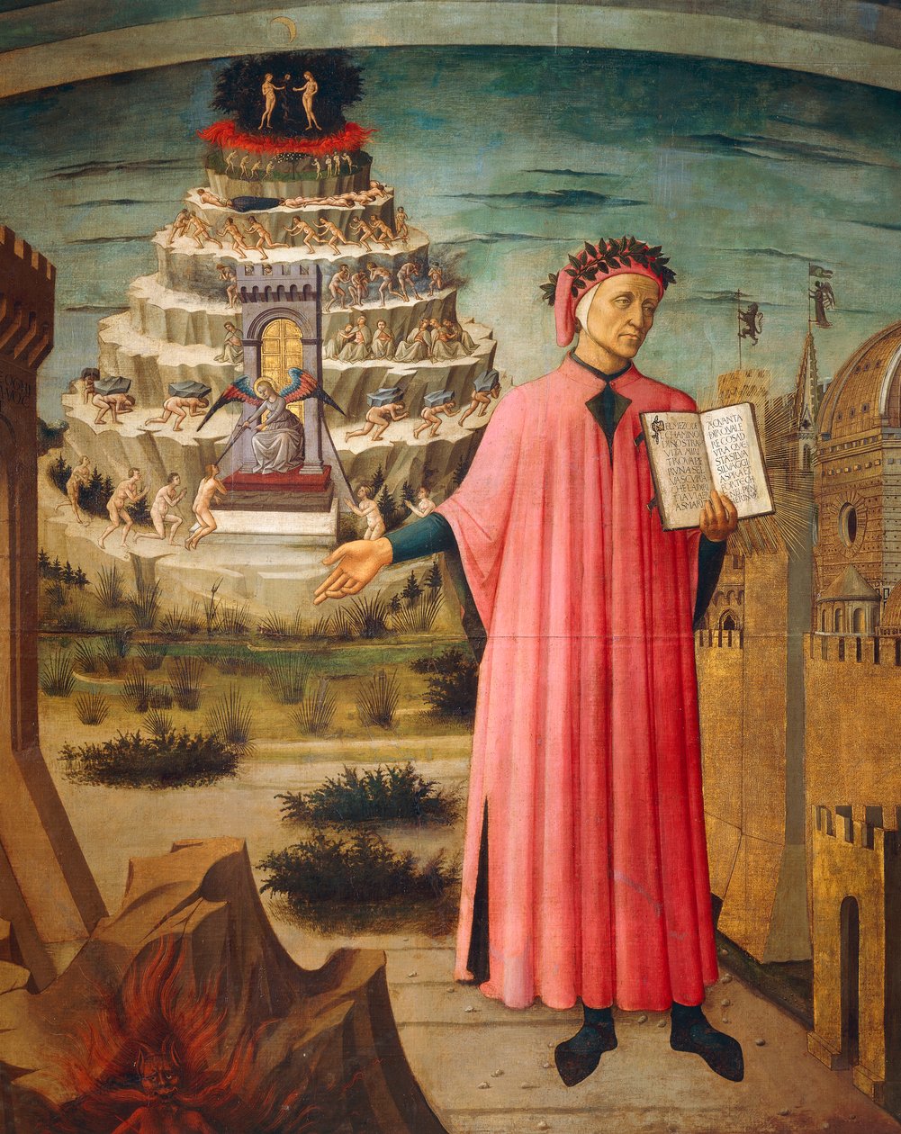 Dante Alighieri z Boską Komedią w ręku i górami czyśćca w tle, fragment Boskiej Komedii, autorstwa Dante Alighieri (1265-1321), Domenico di Michelino (1417-1491), fresk, Bazylika Matki Boskiej Kwiatowej we Florencji. Włochy,1465 autorstwa Domenico di Michelino