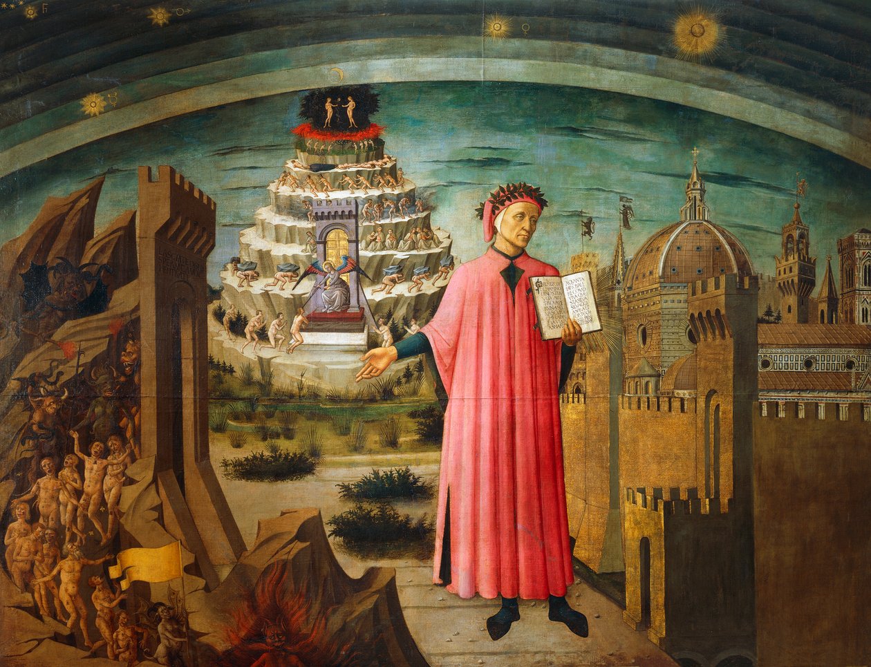 Boska Komedia, Dante Alighieri (1265-1321), Domenico di Michelino (1417-1491), fresk, Bazylika Najświętszej Marii Panny Kwiatowej, Florencja, Włochy autorstwa Domenico di Michelino