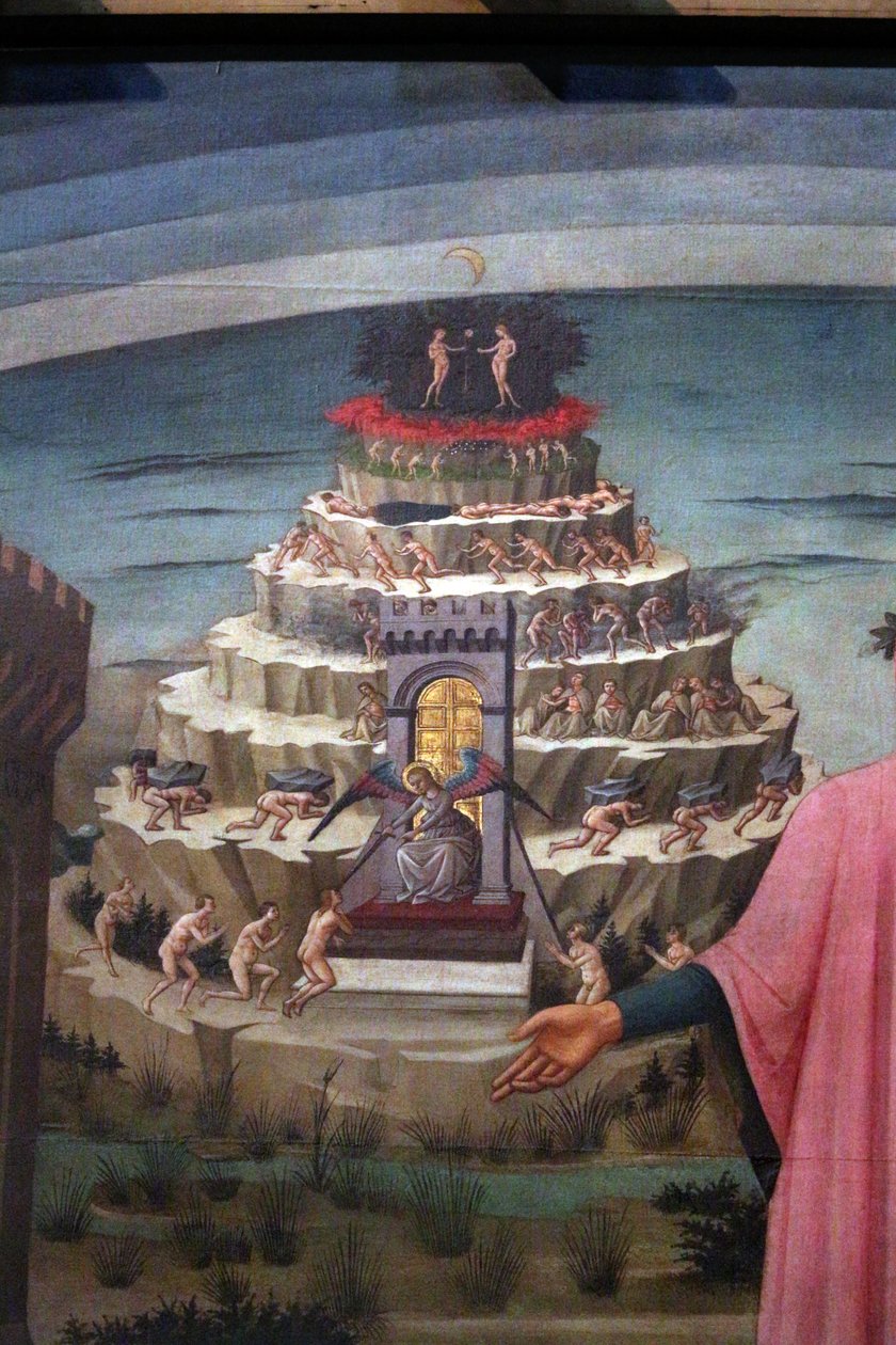 Włoski:  La Divina Commedia di Dante Dante Alighieri z Florencją i królestwami Boskiej Komedii (Piekło, Czyściec, Raj) autorstwa Domenico di Michelino