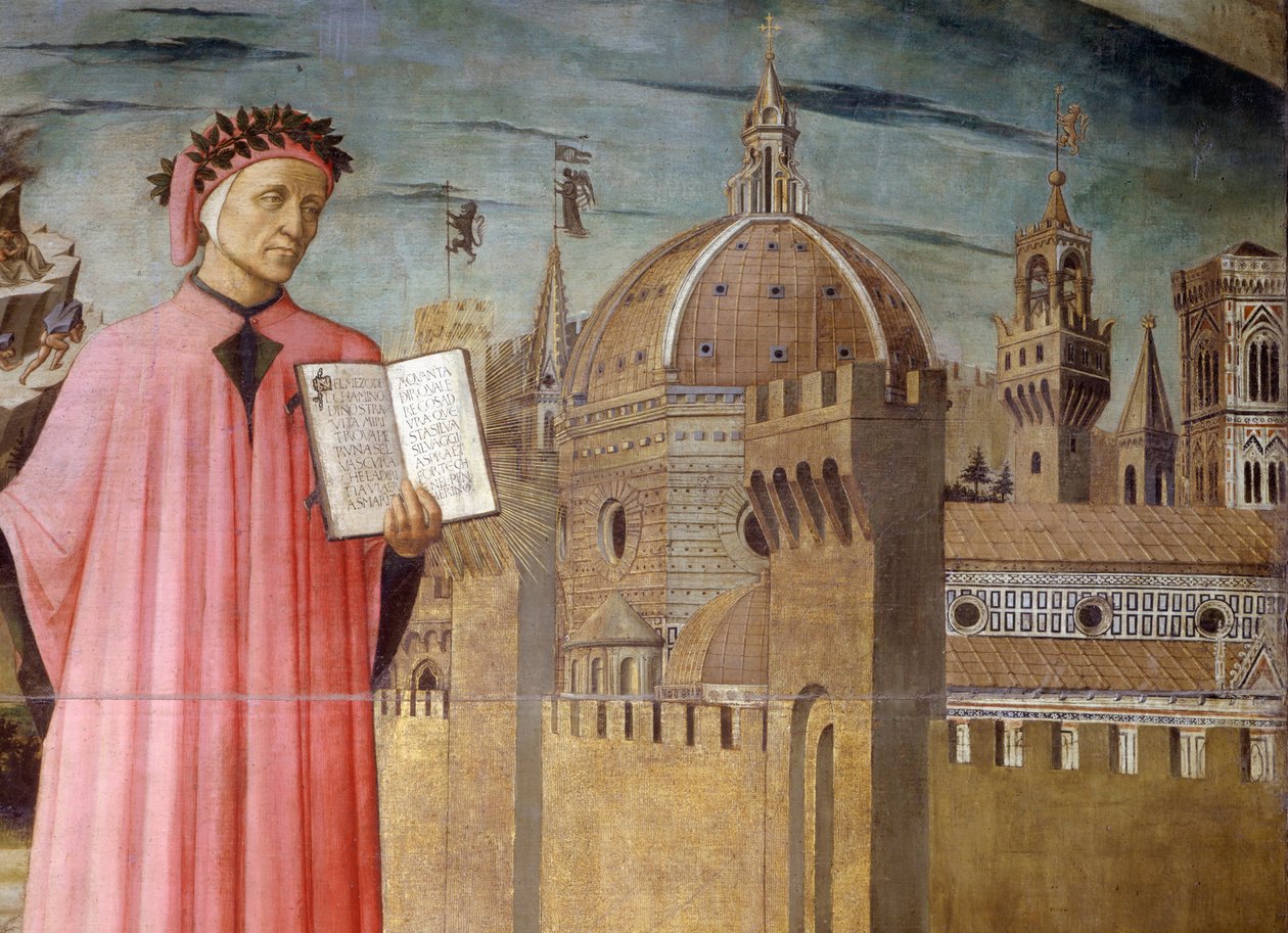 Włochy ,Toskania, Florencja, portret Dante Alighieri, Florencja i alegoria Boskiej Komedii autorstwa Domenico di Michelino autorstwa Domenico di Michelino