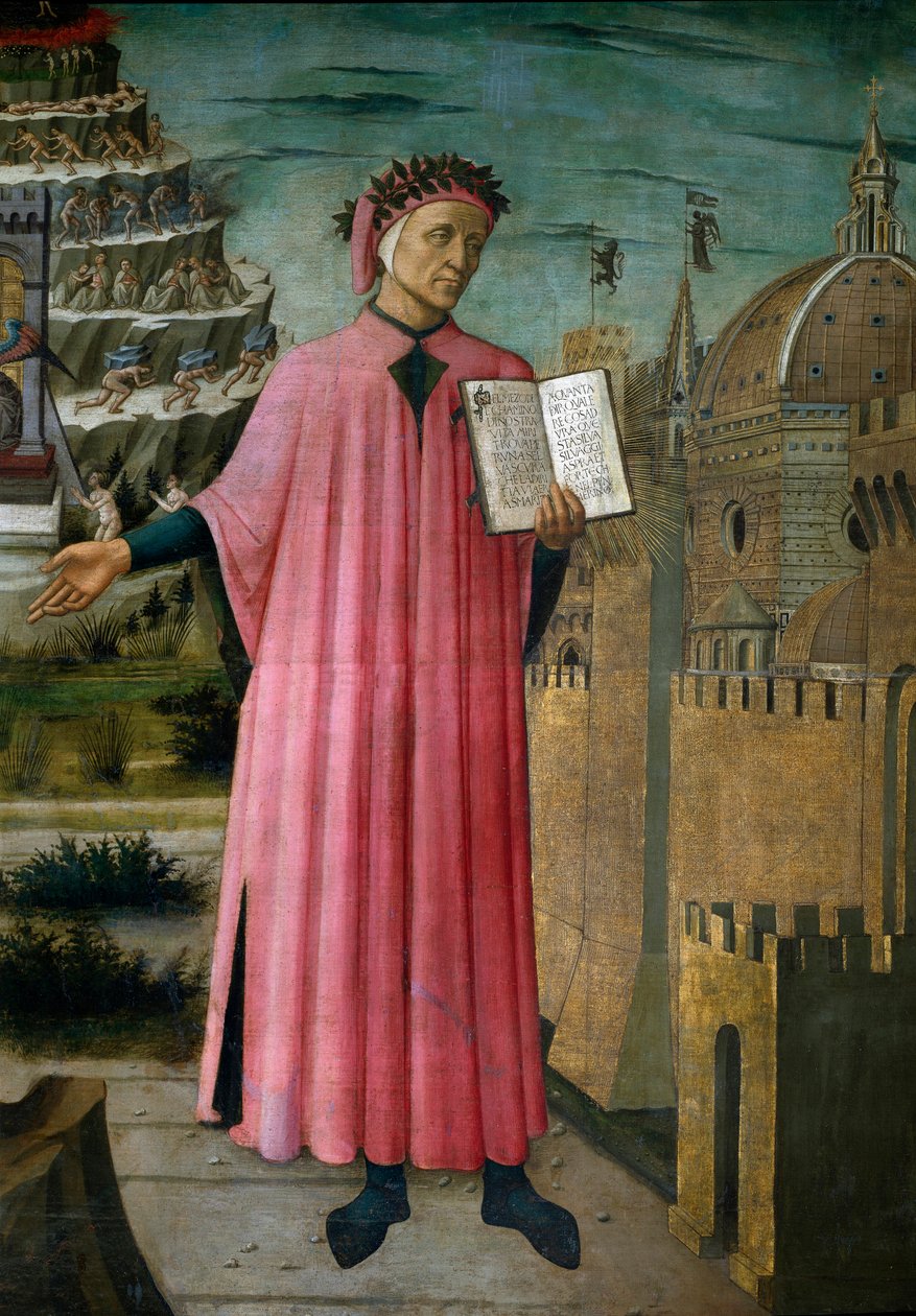 Włoski poeta Dante Alighieri (1265-1321) przedstawia swoje dzieło La boska komedia ”(Boska komedia)” ”. Szczegół. Fresk Domenico di Michelino (1417-1491), Katedra Santa Maria del Fiore, Florencja. (Duomo, Florencja) Włochy autorstwa Domenico di Michelino