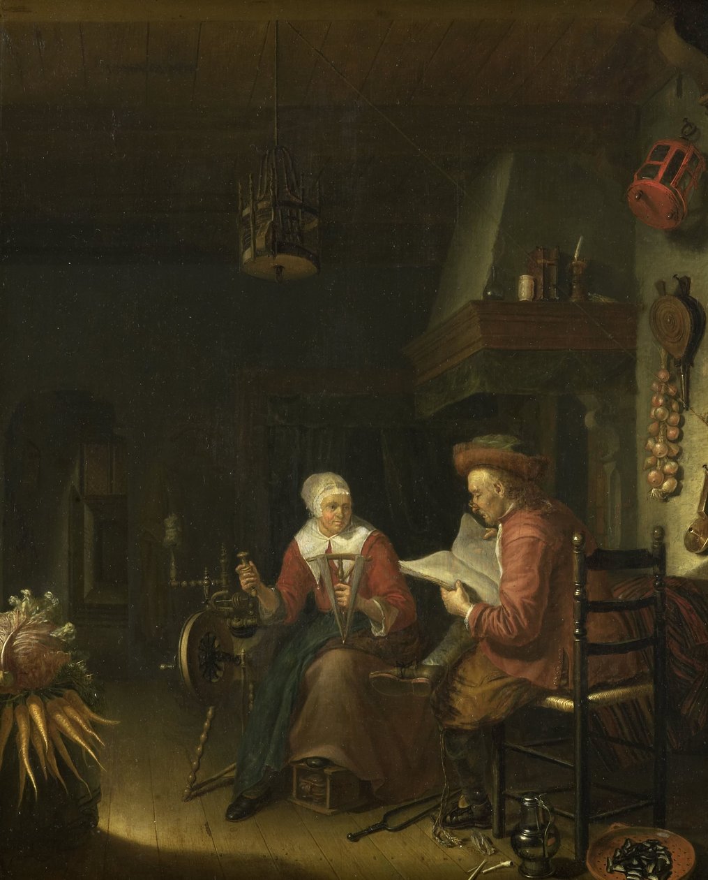 Wnętrze z mężczyzną czytającym i kobietą przędzącą włóczkę autorstwa Domenicus van Tol