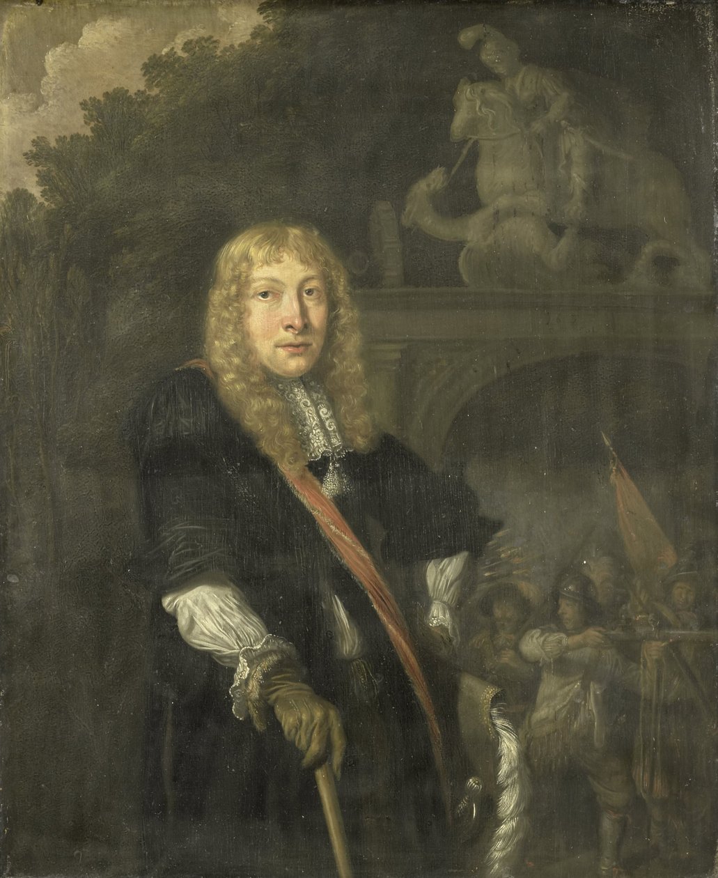 Portret oficera gwardii miejskiej Lejdy przed bramą siedziby straży św autorstwa Domenicus van Tol