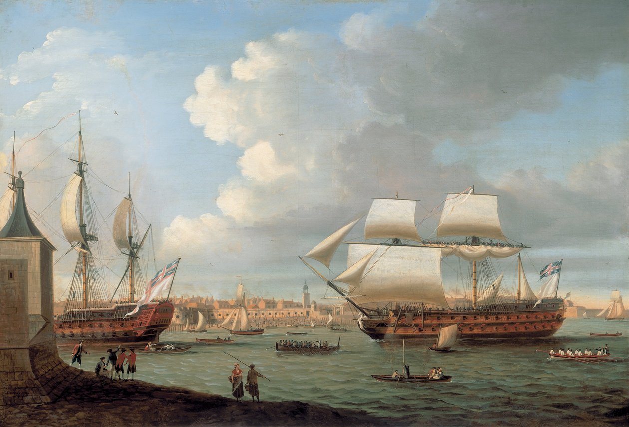 Foudroyant i Pegasus wchodzący do portu Portsmouth, 1782 autorstwa Dominic Serres