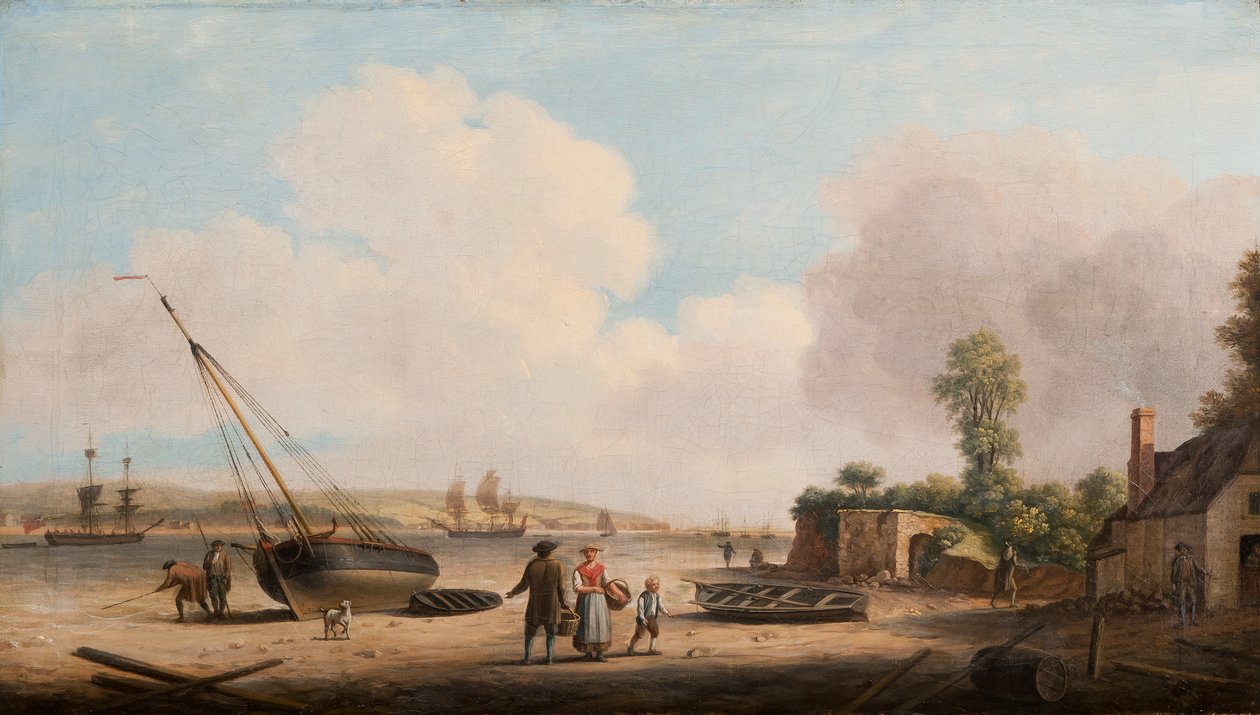 Widok Gravesend z unieruchomioną łodzią rybacką i żeglugą w ujściu rzeki, 1770 autorstwa Dominic Serres