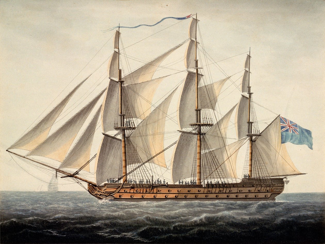 Francuski statek "Sans Pareil" 3. rangi, 80 dział, zdobyty pierwszego czerwca, ok. 1800 (akwarela) autorstwa Dominic Serres