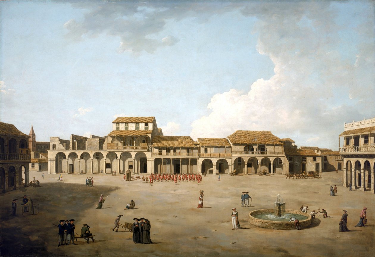 Plac w Hawanie (Kuba), sierpień i wrzesień 1762 r., pod okupacją brytyjską z oddziałem żołnierzy w czerwonych mundurach, opis budynków i kilku angielskich marynarzy w pobliżu fontanny autorstwa Dominic Serres