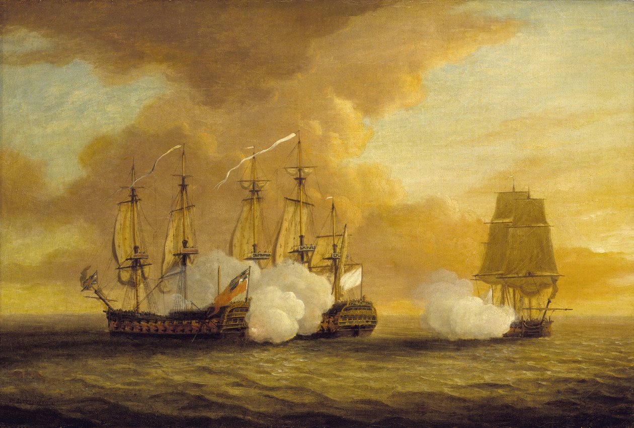 Walka morska pomiędzy HMS Lion i Elisabeth a francuskim okrętem Du Teillay, 9 lipca autorstwa Dominic Serres
