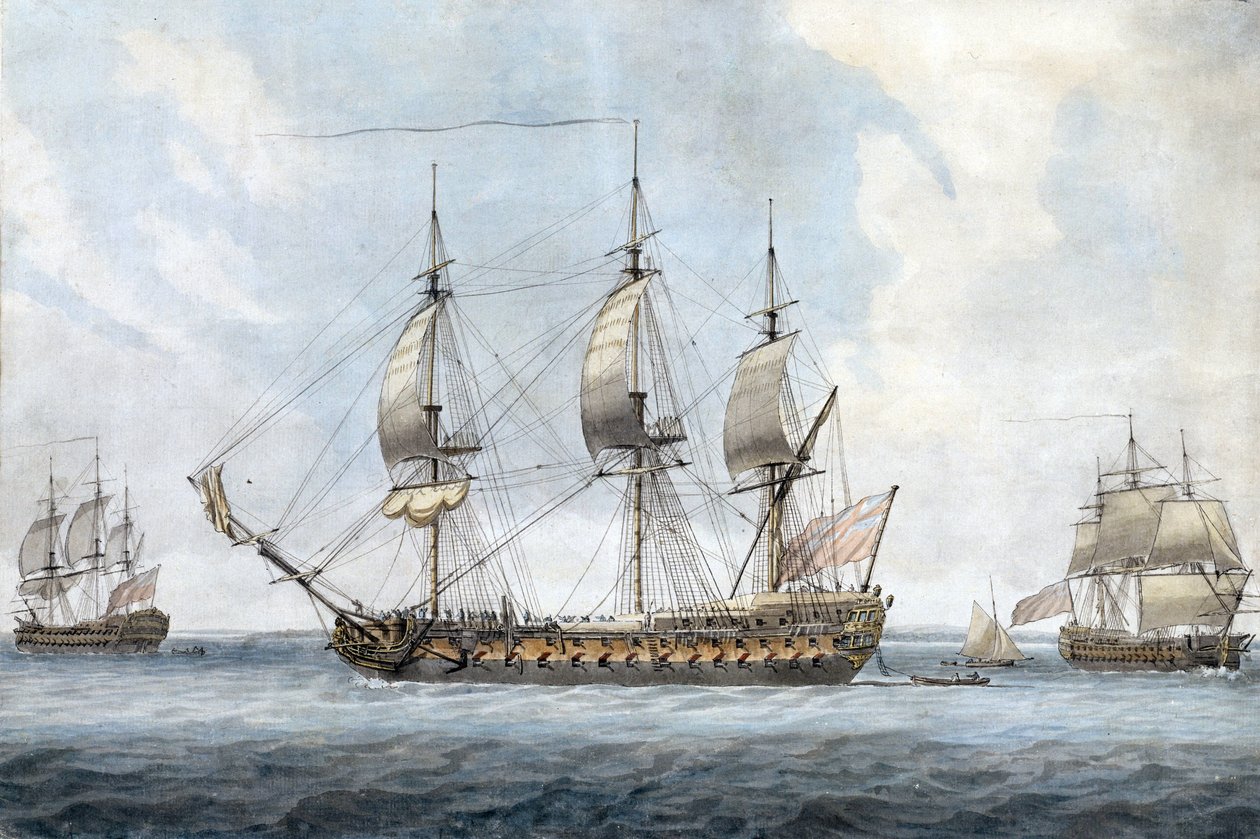 Portret brytyjskiego 74-działowego okrętu w Solent (Anglia), widziany z trzech różnych perspektyw. Obraz autorstwa Dominika Serresa Starszego (1719-1793), akwarela z około 1788 roku. autorstwa Dominic Serres