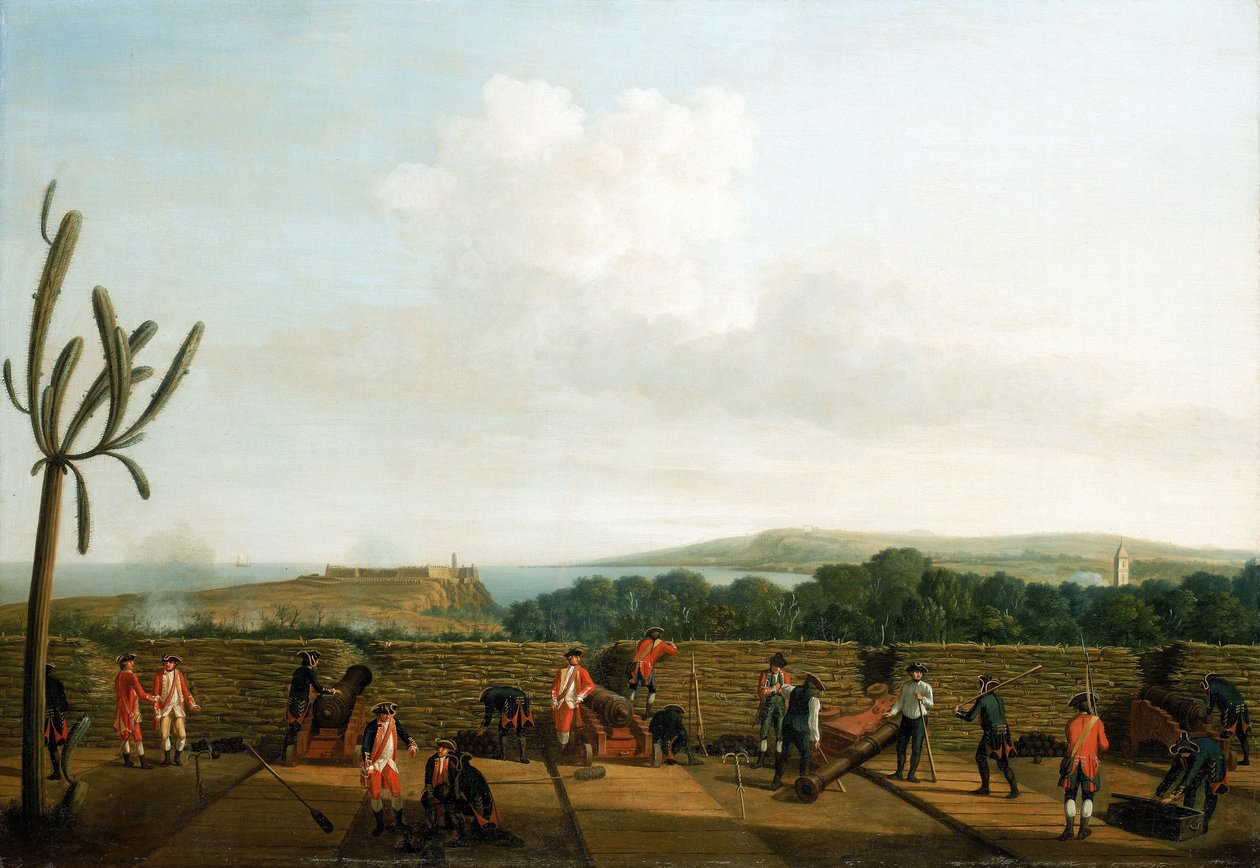 Wojna siedmioletnia (1756-1763): Zdobycie Hawany (Kuba) w 1762 r., brytyjska bateria dział przed zamkiem Morro, zainstalowana na drewnianej platformie (podeście), z parapetem ochronnym, artylerzyści ubrani są na niebiesko, na horyzoncie zamek Morro. autorstwa Dominic Serres