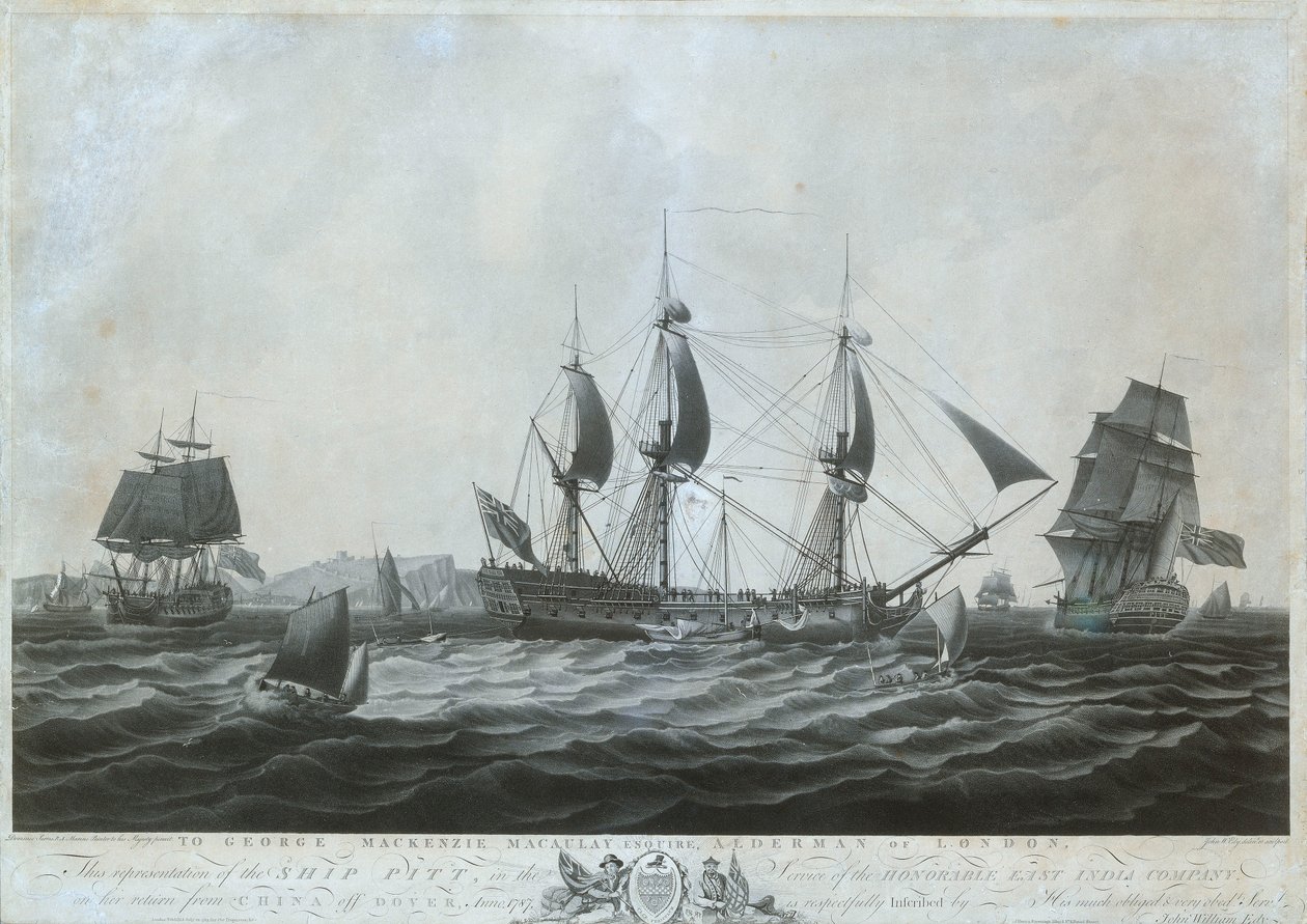 Okręt "Pitt" (ok. 1787 r.) w pobliżu Dover po powrocie z Chin, 1787 r. autorstwa Dominic Serres