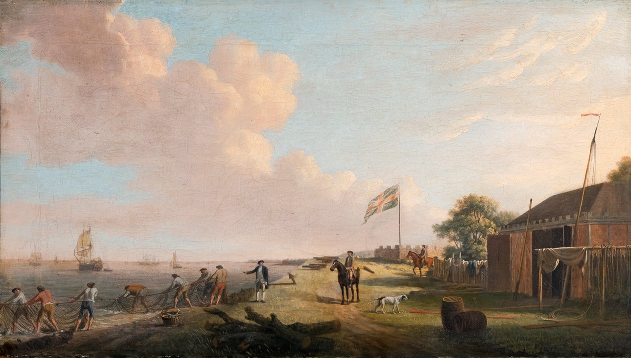 Widok fortu Tilbury z rybakami ciągnącymi sieci, 1770 r. autorstwa Dominic Serres