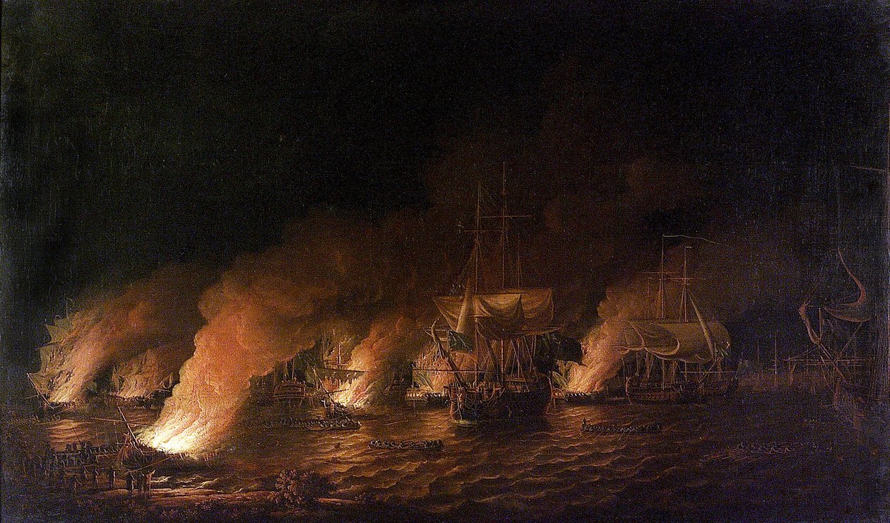 "Wojna siedmioletnia" (1756-1763): Francuskie okręty wojenne atakujące nocą brytyjską flotę u wybrzeży Quebec City (Kanada), 28 czerwca 1759 r. autorstwa Dominic Serres