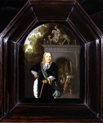 Portret kapitana Jacobusa Van Der Burgha stojącego przed Doeler Poort, Leiden autorstwa Dominicus van Tol