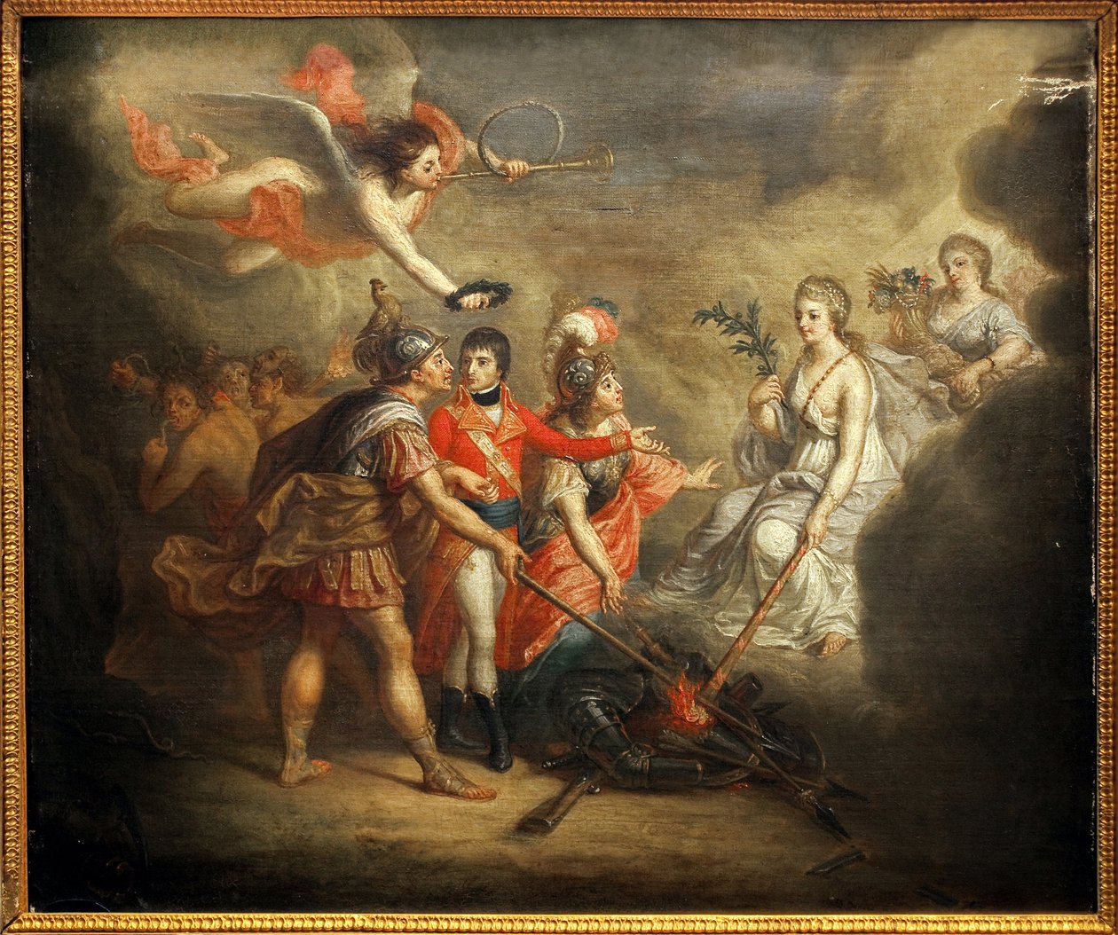 Spokój Amiens. Traite podpisany 25 marca 1802 r. między Wielką Brytanią i jej sojusznikami, Imperium Osmańskim z jednej strony a Francją, Hiszpanią i Holandią z drugiej. Obraz przedstawia Napoleona I Bonaparte, ukoronowanego przez anioła grającego na trąbc autorstwa Dominique Doncre