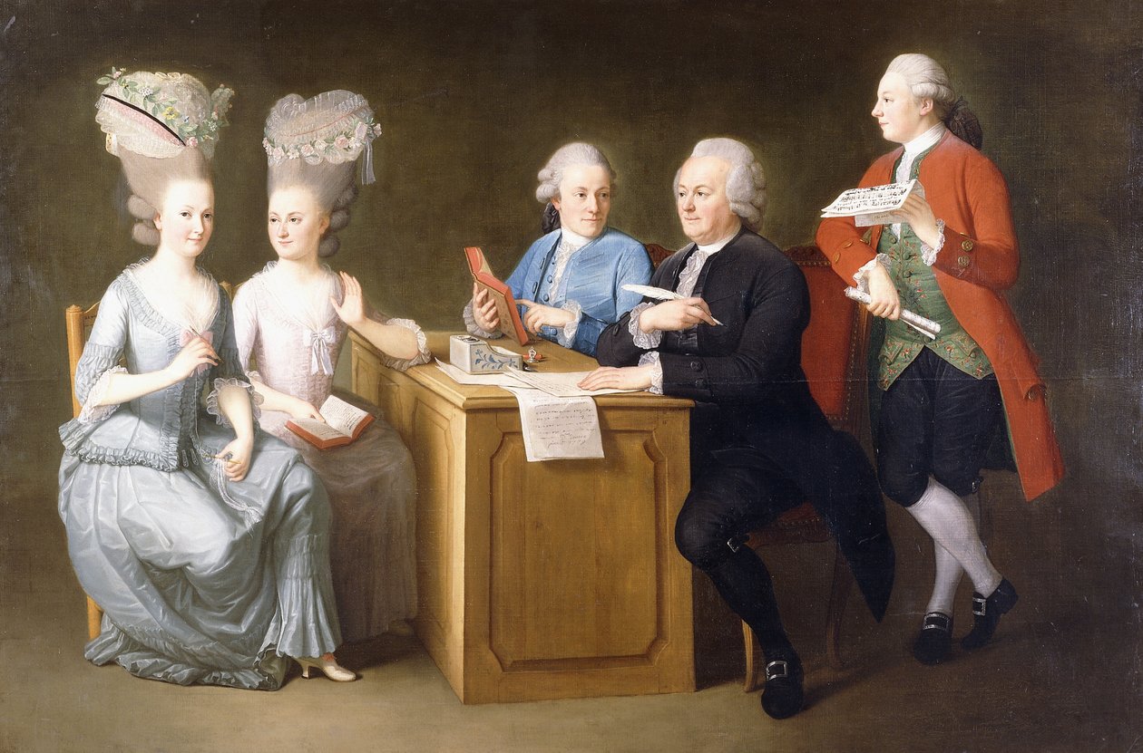 Portret grupowy Monsieur Le Roy, z jego dwiema córkami i dwoma synami, siedzący w pełnej długości przy stole, 1779 autorstwa Dominique Doncre