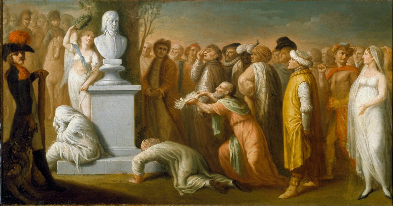 Kampania (wyprawa) egipska (1798-1801): „”Powrót Napoleona Bonaparte (1765-1821) z Egiptu w październiku 1799”””alegoryczne przedstawienie zwycięskiego generała Napoleona po powrocie z Egiptu, symbolizowane przez jego marmurowe popiersie , który jest ukoro autorstwa Dominique Vivant Denon