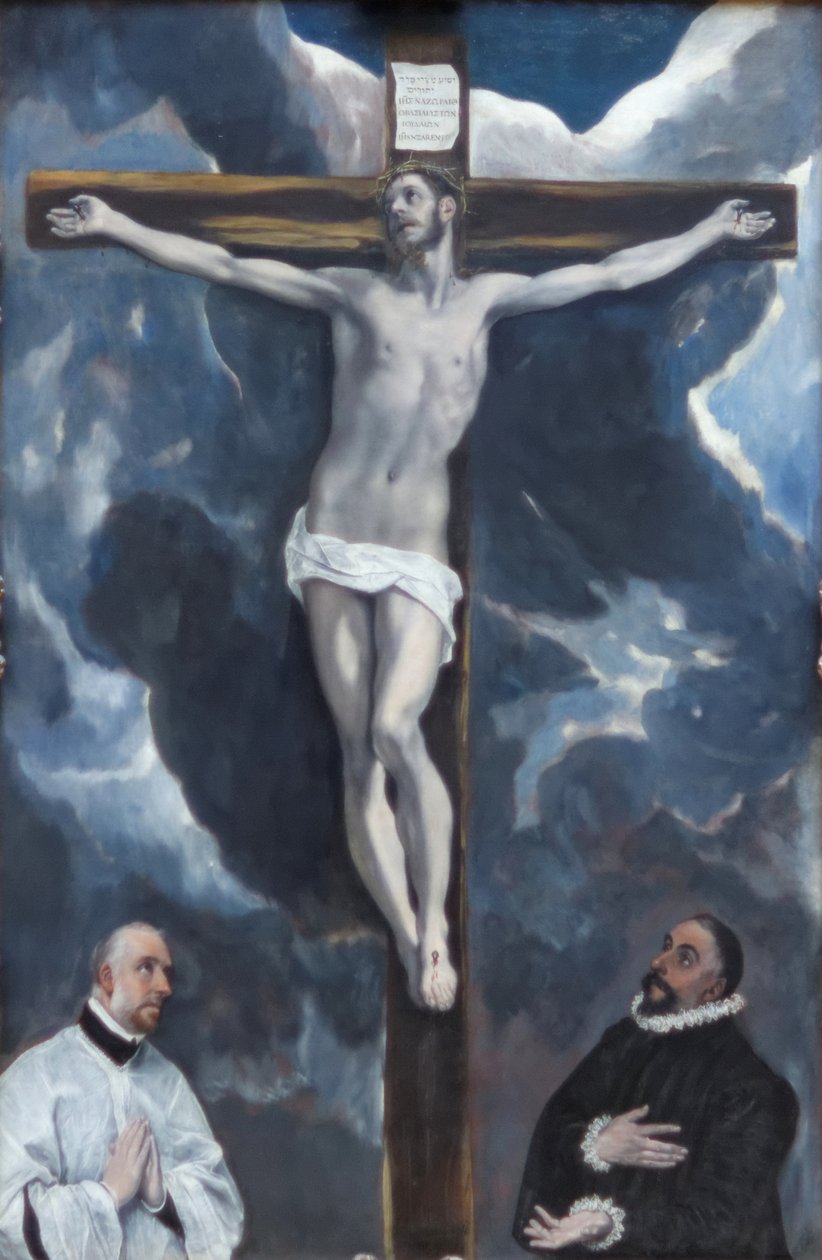 Chrystus na krzyżu adorowany przez dwóch darczyńców autorstwa El Greco
