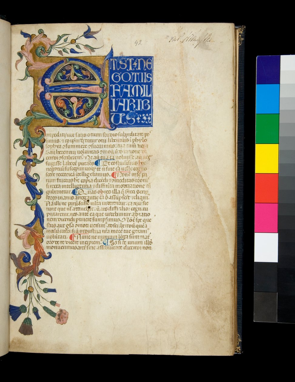 Ms 373. Pseudo-Cicero, Rhetorica ad Herennium i inne prace, f.1r. Iluminowany inicjał [E] i częściowa bordiura z dekoracją liścia i kwiatu akantu, pierwsza linia tekstu białą kapitelą ekspozycyjną na niebieskim tle, ok. 1337 (pergamin) autorstwa Don Silvestro dei Gherarducci