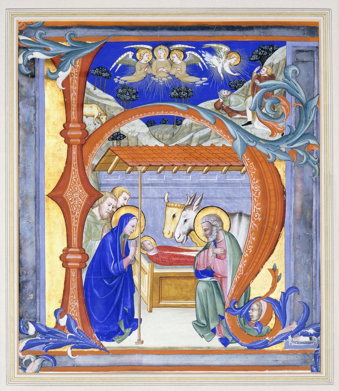 Iluminowany historyczny inicjał „N”, przedstawiający szopkę, 1410 autorstwa Don Simone Camaldolese