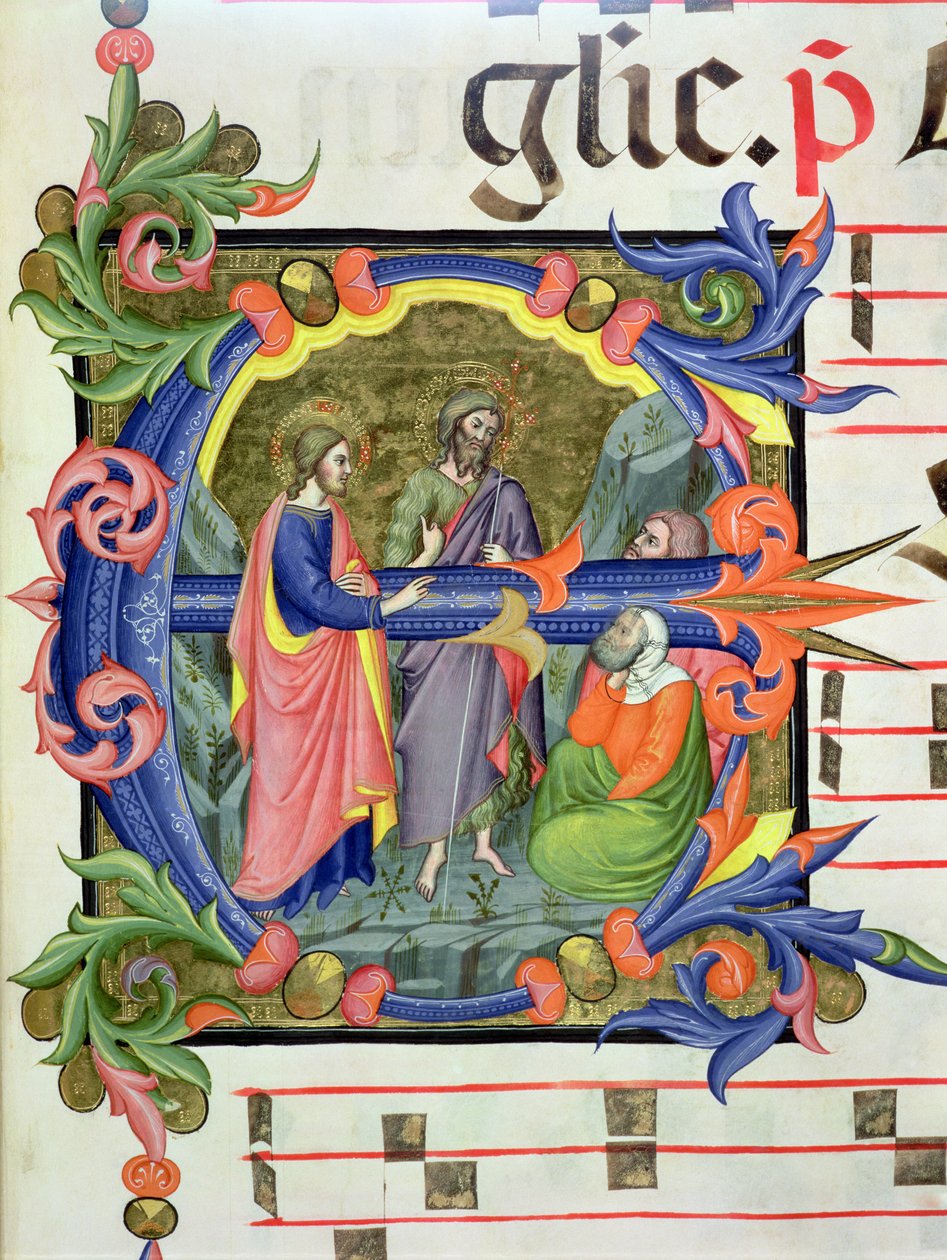 Ms 572 f.107 r Historyczny inicjał „E” przedstawiający św. Jana Chrzciciela przedstawiającego Chrystusa dwóm uczniom, z antyfonu autorstwa Don Simone Camaldolese