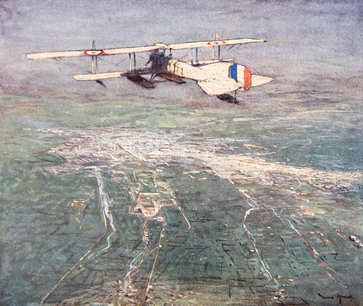 Wodnosamolot przelatujący nad Damaszkiem, ilustracja z „Frontu morskiego” Gordona S. Maxwella, 1920 autorstwa Donald Maxwell