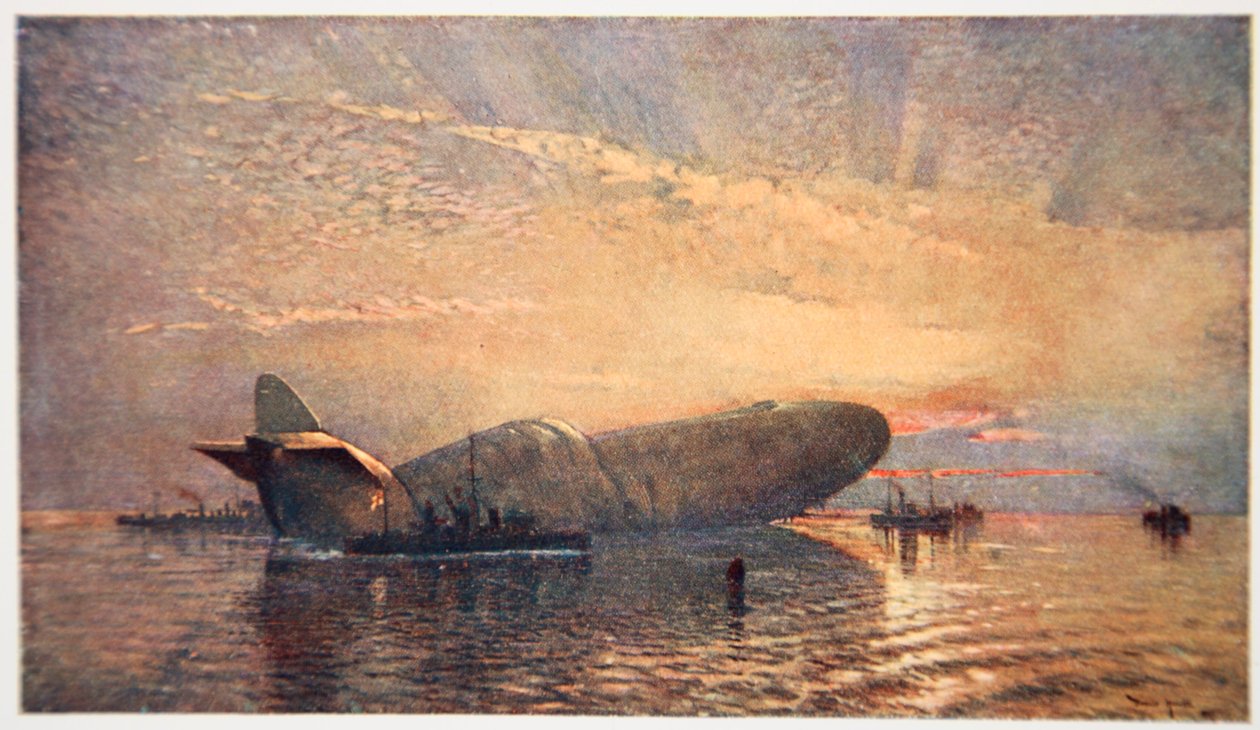 Święty Jerzy i smok: Zeppelin L15 na Tamizie, kwiecień 1916 r., ilustracja z "The Naval Front" Gordona S. Maxwella, 1920 r. autorstwa Donald Maxwell