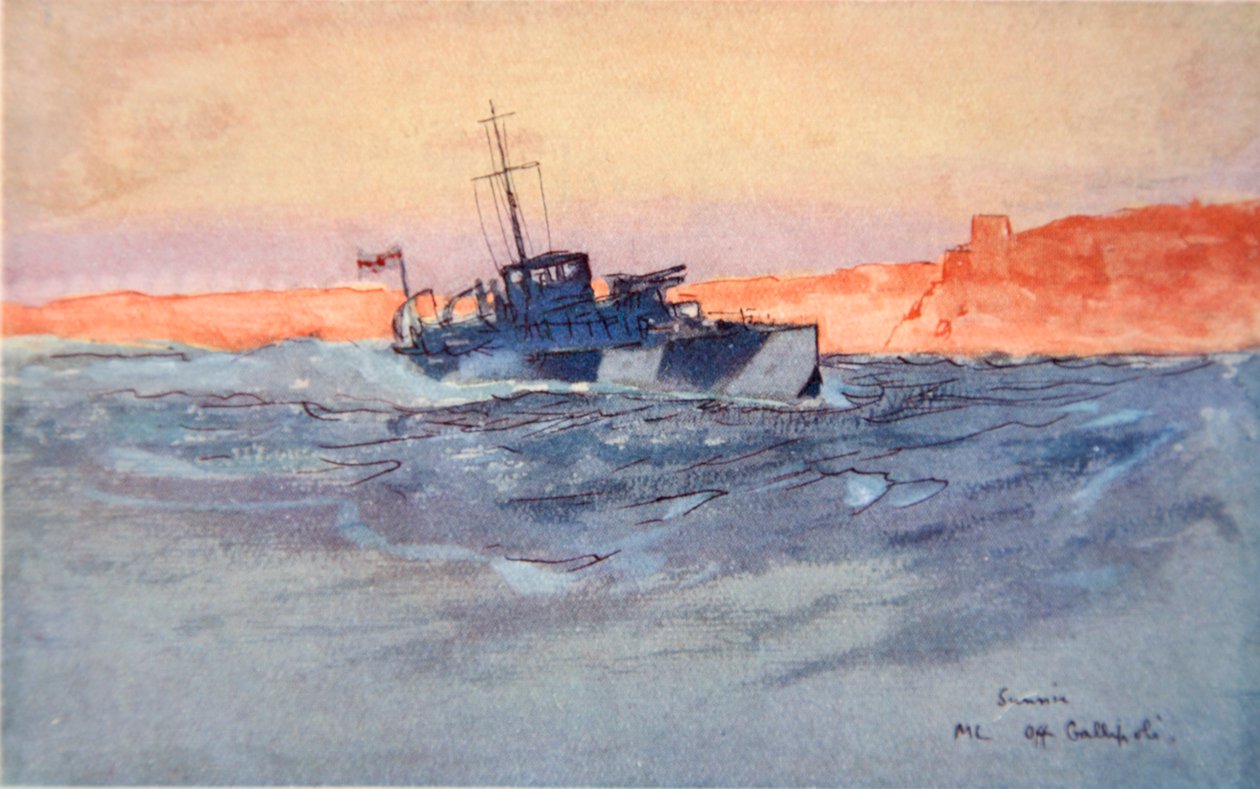 Wschód słońca: start silnika z Gallipoli, Włochy, ilustracja z „Frontu marynarki wojennej” Gordona S. Maxwella, 1920 autorstwa Donald Maxwell