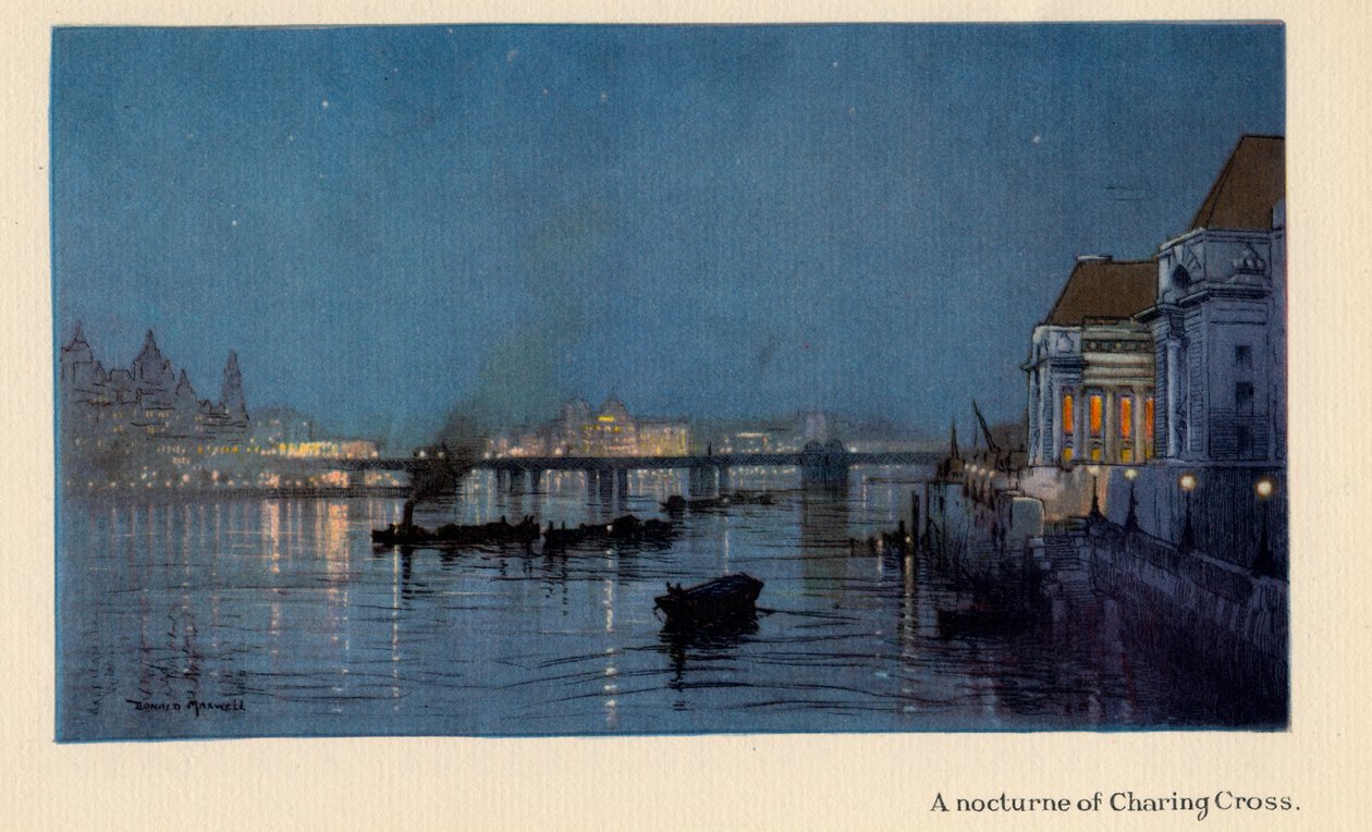Nokturn Charing Cross z „Nowych świateł Londynu”, wydana w 1926 r. (litografia kolorowa) autorstwa Donald Maxwell