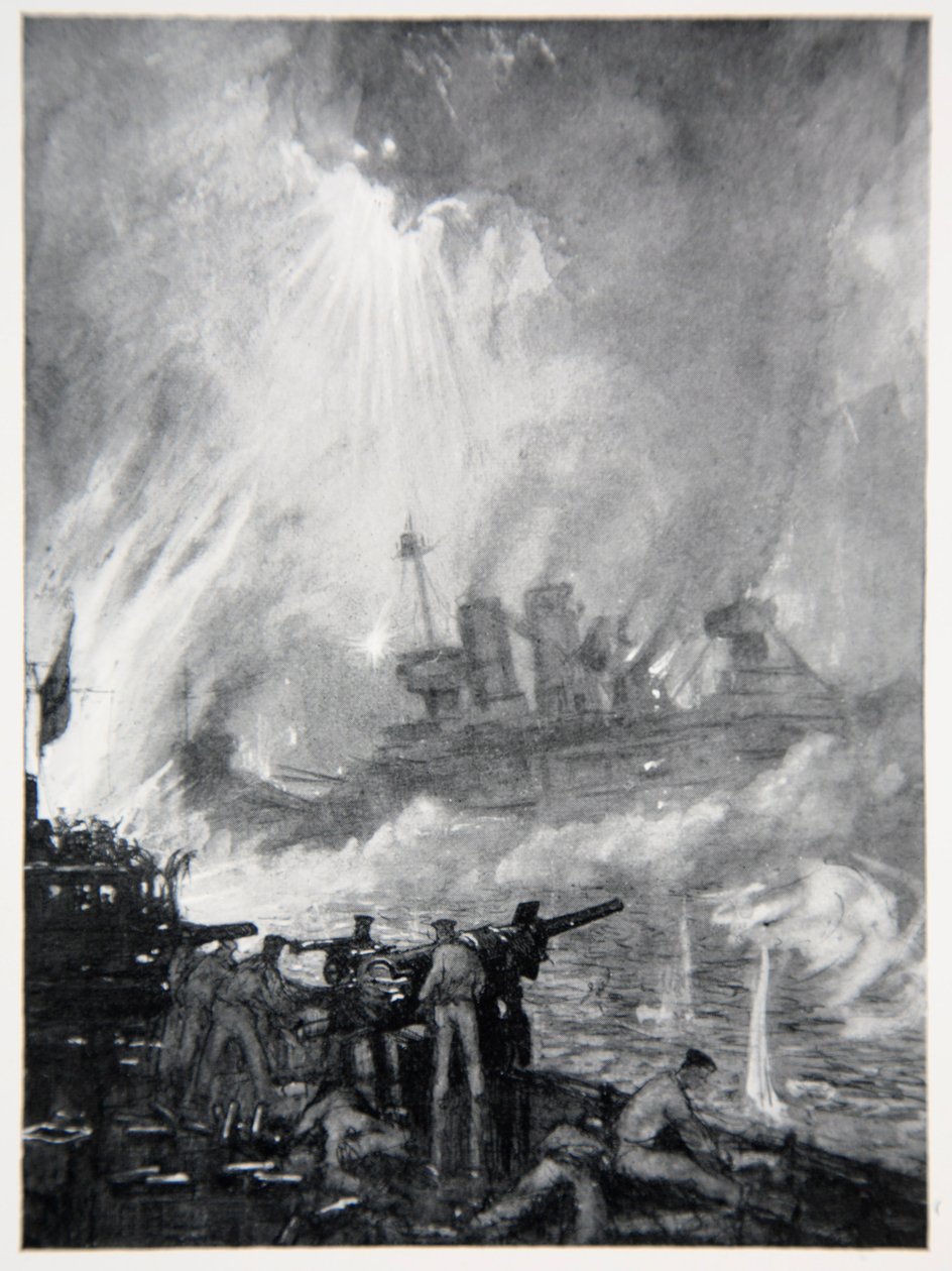 Walcz z ostatnią bronią: waleczny koniec H.M.S. Tiperrary w Jutlandii, ilustracja z „Frontu marynarki wojennej” Gordona S. Maxwella, 1920 autorstwa Donald Maxwell