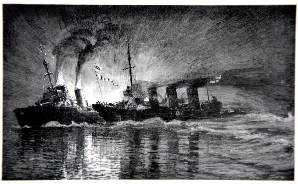 HMS Broke taranujący niemiecki niszczyciel, ilustracja z „Frontu morskiego” Gordona S. Maxwella, 1920 autorstwa Donald Maxwell