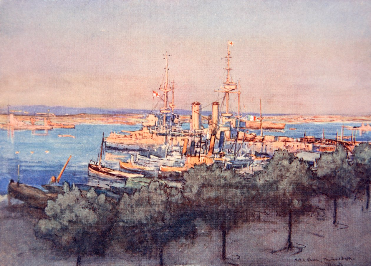 H.M.S. Queen, Trawlers and Drifters, Taranto, ilustracja z „Frontu morskiego” Gordona S. Maxwella, 1920 autorstwa Donald Maxwell