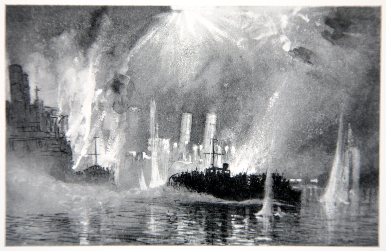 Motor rozpoczyna ratowanie załóg Blockships w Zeebrugge, ilustracja z „Frontu marynarki wojennej” Gordona S. Maxwella, 1920 autorstwa Donald Maxwell