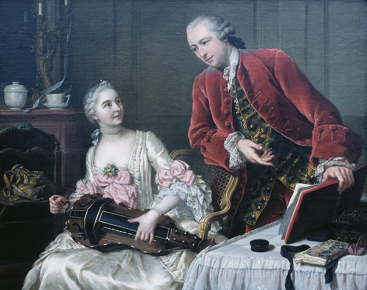 Portret Monsieur i Madame de Corcelles grających muzykę we wnętrzu autorstwa Donat Nonotte