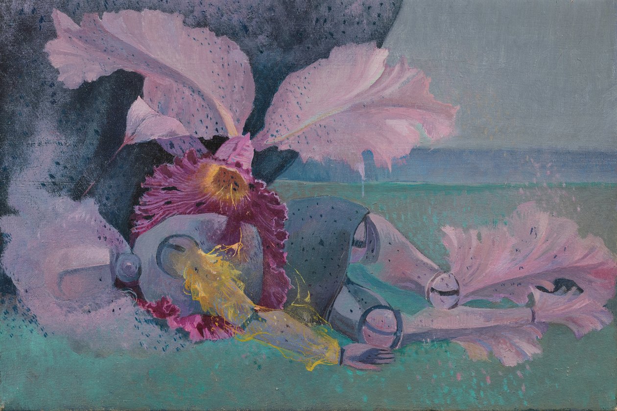 Metamorfoza, Manekin i orchidea, ok. 1968 (olej na płótnie) autorstwa Donatella Merlo